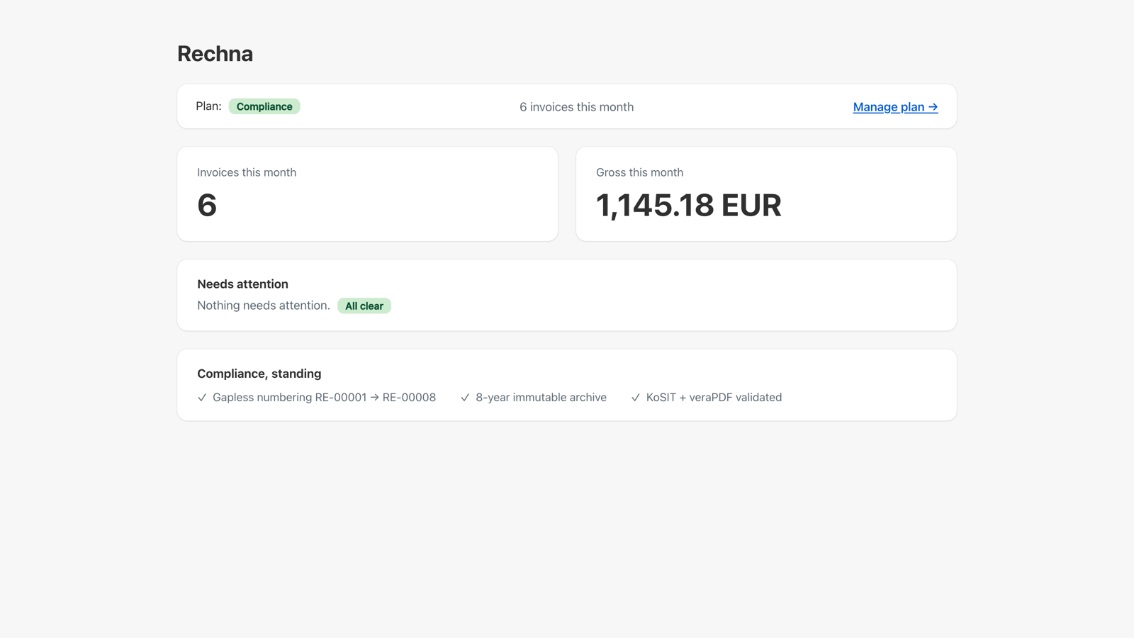 Das Rechna-Dashboard mit Summen je Währung und einer Liste offener Punkte